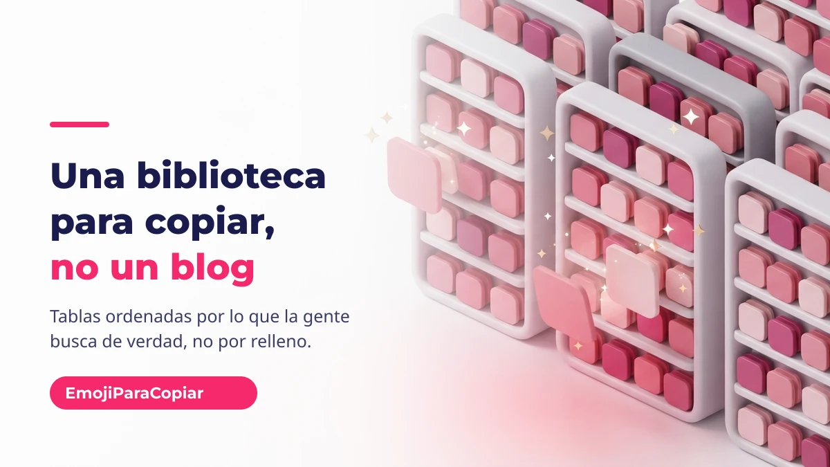 Estanterías isométricas con fichas rosas que representan la biblioteca de emojis para copiar y pegar
