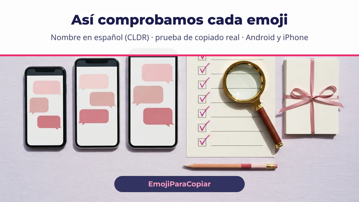 Tres teléfonos con conversaciones y una lista de verificación: así comprobamos cada emoji antes de publicarlo
