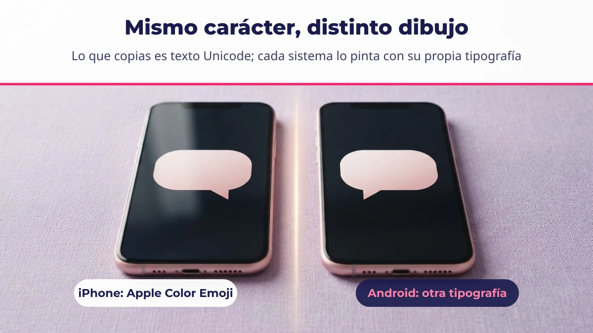 Dos teléfonos idénticos con globos de chat vacíos: el mismo carácter de emoji se dibuja distinto en iPhone y en Android